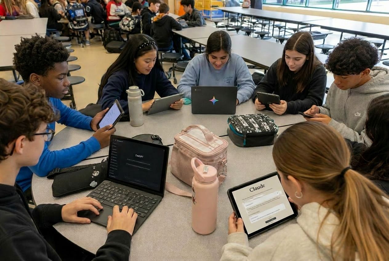 Middle school students around a cafeteria lunch table using tablets, laptops, and phones showing ChatGPT, Google Gemini, and Claude